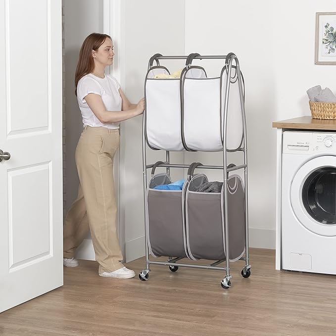 Neatfreak - 2 Tier Vertical Rolling Laundry Cart - Rolling Storage Cart On Wheels With 4 x Tote Hampers For Laundry, Towels, Blankets & Bathroom Organization - Quad Laundry Sorter