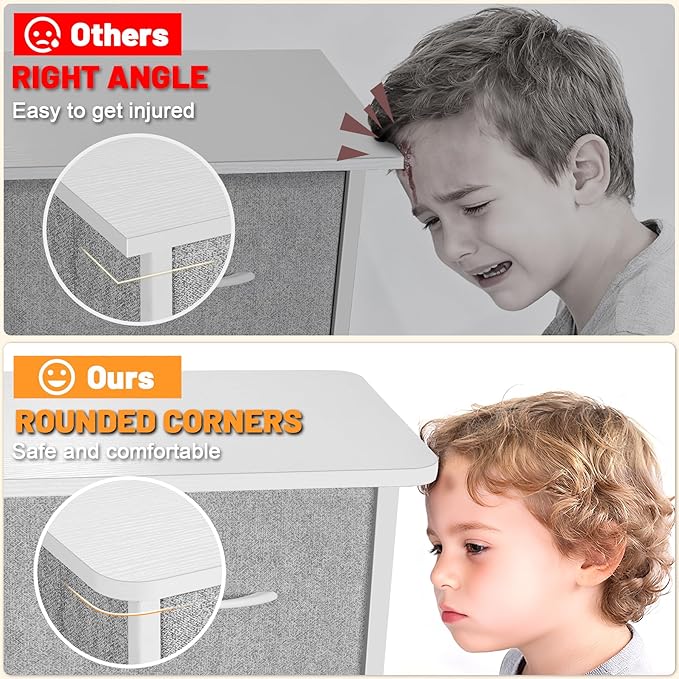 Curved Profile Dresser for Bedroom, Chest of Drawers, 10 Storage Drawers Organizer Unit, Brown Dresser with Fabric Bins for Closet, Living Room, Kid Room (White)