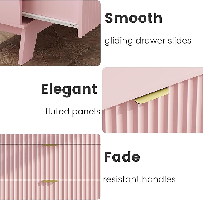 Pink Night Stand with 3 Drawers, Bedside Table & End Table, 24" Wide Mid Century Modern Fluted Wood Nightstand with Metal Handles, Farmhouse Night Stands for Bedroom