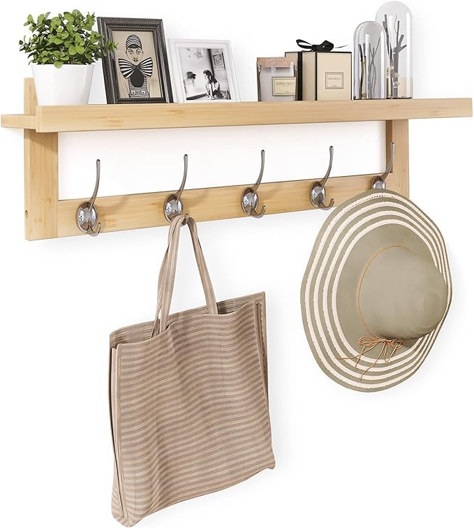 SMIBUY Coat Hooks with Shelf Wall-Mounted, 29.2 Inch Entryway Coat Rack for Wall, Bamboo Hanging Shelf with 5 Double Metal Hooks for Bathroom, Bedroom, Kitchen, Living Room, Mudroom (Natural)