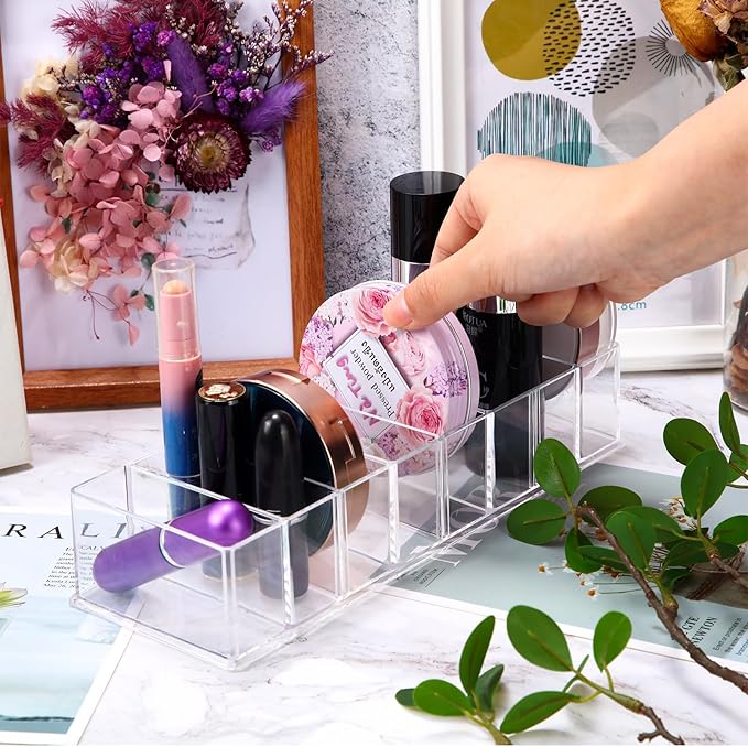 Tuanse 2 Pcs Acrylic Makeup Compact Organizer Detachable 8 Spaces Clear Vanity Drawer Organizer Eyeshadow Palette Storage for Lipstick Highlighter, Skincare Cosmetic Display Cases for Bathroom