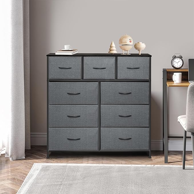 Dresser for Bedroom with 9 Drawers, Chest of Drawers, Storage Drawers Organizer Unit, Grey Wide Fabric Dresser with Fabric Bins for Closet, Living Room, Entryway (Grey and Charcoal Black)