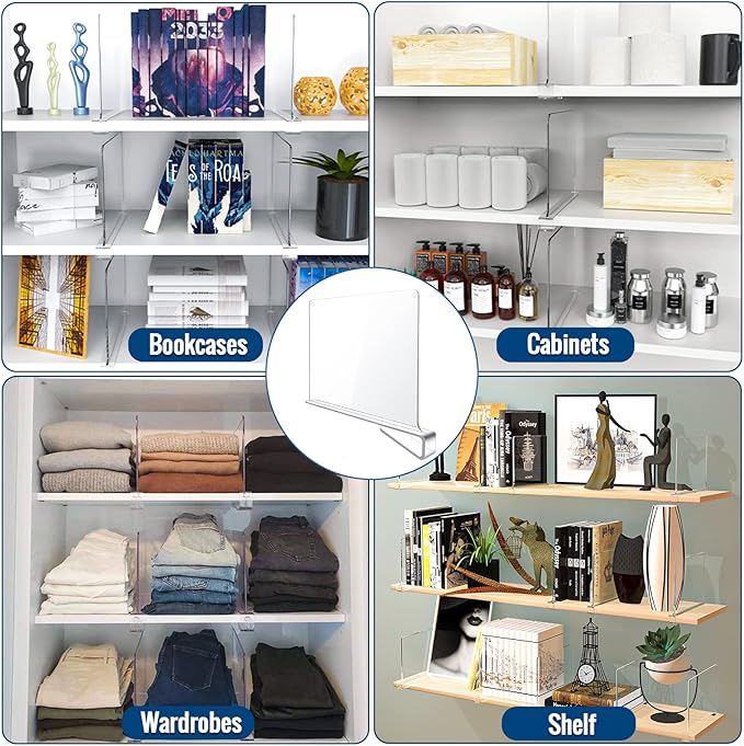 10 Pack Clear Acrylic Shelf Dividers for Closet Shelf Organizer of Bedroom Kitchen Office Bathroom Organizer for Clothes Books Hats and Handbags