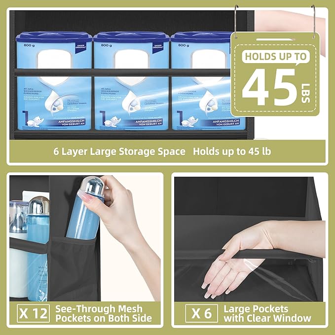 Over Door Organizer with 6 Extra Large Pockets 12 Side Pockets, Sturdy Closet Storage Rack, Hanging Storage Organizer with Clear Window for Shoes, Diapers, Toys, Bedroom, Bathroom, Black
