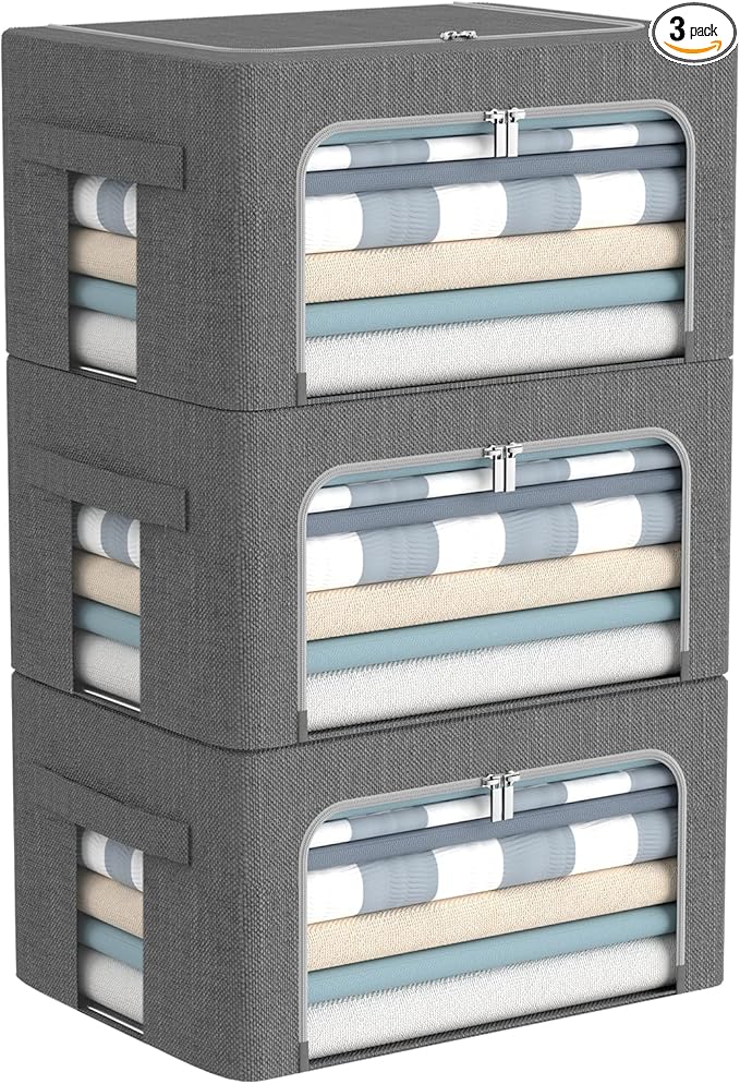 CYhom 3Pack Foldable Storage Bins - Frame Storage Box Linen Fabric Stackable Clothes Container Organizer with Clear Window & Carry Handles Large Capacity (Small-22L, Dark Gray)