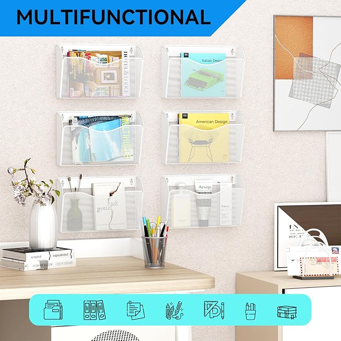 6 Single Pocket Wall File Holder, Mesh Hanging File Folder Paper Organizer, Vertical Wall Mounted Mail Basket, Storage Organization Magazine Rack for Office, Home and School, White