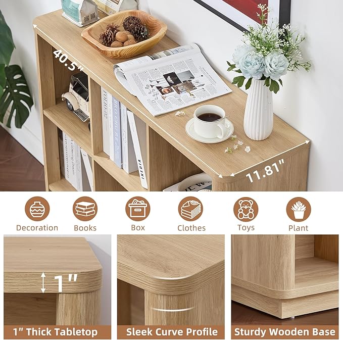 9 Cube Storage Book Shelf, 41" Tall Organizer Bookshelf with Curved Edge, Floor Standing 3-Tier Wood Cubby Bookcase with Base, Modern Display Book Case for Living Room, Home Office,Natural Oak