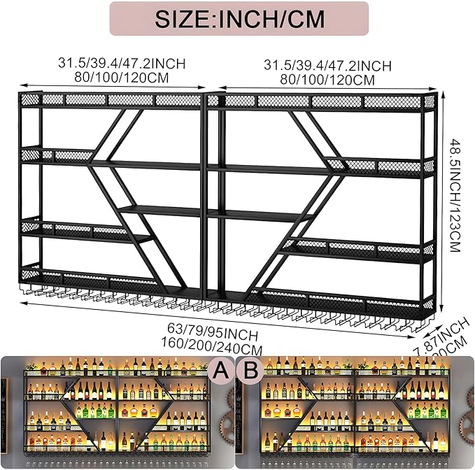 63in Metal Wine Rack Wall Mounted, Modern Wine Storage Rack Wall Mounted with Wine Glass Holder, Liquor Shelf, Bar Shelves for Liquor Bottles (4 Tiers Black, 63 * 7.87 * 48.5INCH)
