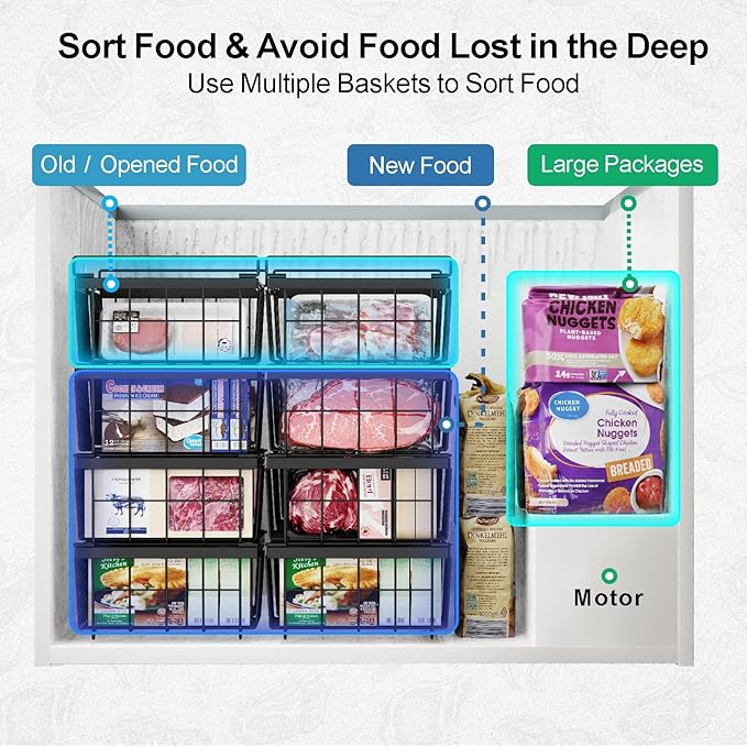 iSPECLE Freezer Organizer Bins - Fit 10 to 20 Cu Ft Chest Freezer, 2 Pack Large Expandable Stackable Deep Freezer Organizer Bins Sort and Easily Get Food without Digging in the Freezer, Black