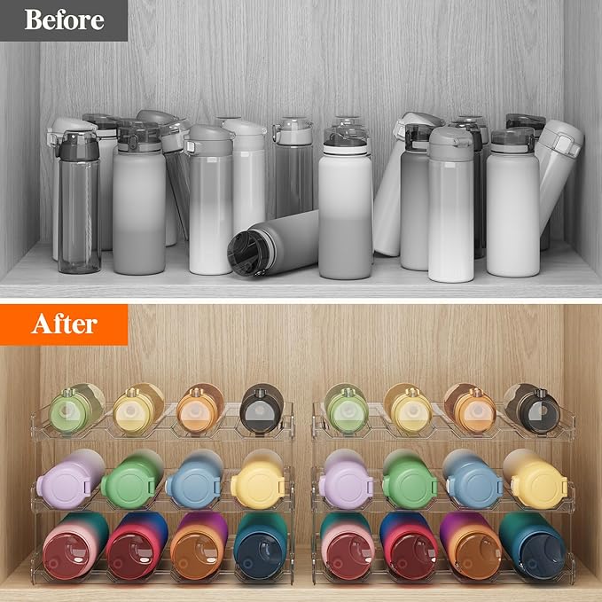Lifewit Stackable Water Bottle Organizer for Cabinet, Plastic Bottle Holder Fits Bottles & Tumblers up to 3.8" Diameter, Pantry, Countertop & Fridge, 3 Tier Holds 12 Bottles