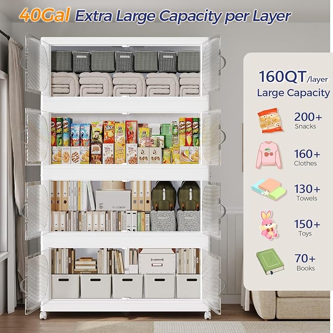 800QT Extra Large Stackable Storage Bins with Lid & Wheels & Doors, 200Gal Foldable Collapsible Closet Organizers, Plastic Cabinet Box Container Drawer for Home Kitchen Bedroom, 5Pack White