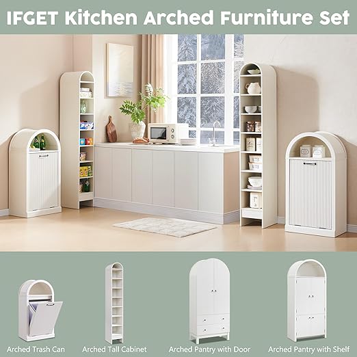 Arched Tilt-Out Trash Can Cabinet, Fluted 10 Gallon Trash Cabinet Set of 2, Modern Laundry Hamper, Hidden Garbage Can with Storage Basket for Kitchen, Living Room, White