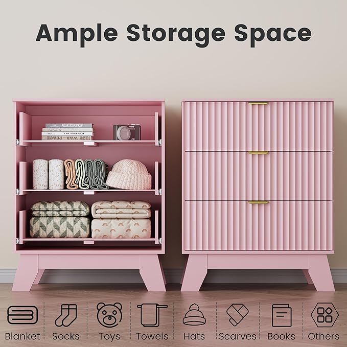 Pink Night Stand with 3 Drawers, Bedside Table & End Table, 24" Wide Mid Century Modern Fluted Wood Nightstand with Metal Handles, Farmhouse Night Stands for Bedroom