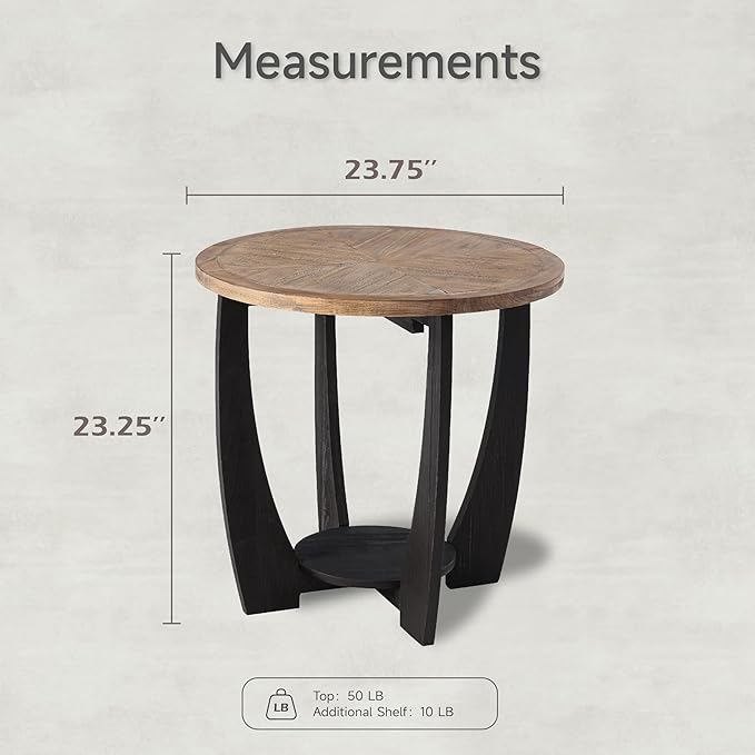 Rustic Farmhouse End Table with Storage Shelf, French Country Accent Side Table for Family, Dinning or Living Room, Small Spaces, Modern, Round