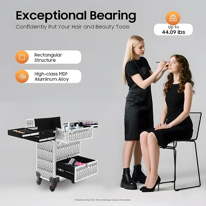 Professional Rolling Makeup Train Case with Lock, 7 Compartments 44lbs Capacity Rolling Nail Case Adjustable Organizer for Makeup Artists, Hairstylists, Pet Groomers (Sliver)