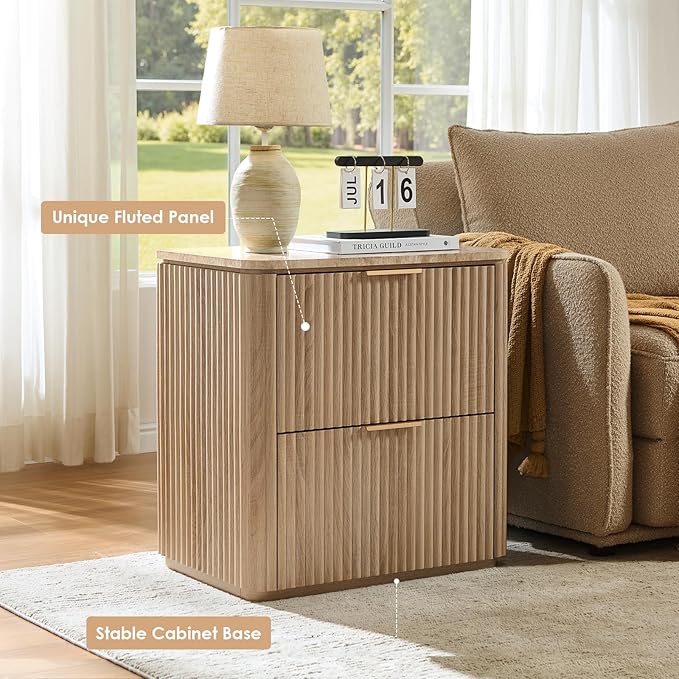 Fluted Nightstand with 2 Drawers, Bedside Table with Faux Marble-Top, Engineered Wood End Table with Curved Corners, Metal Handle, Modern Night Stand for Bedroom, Small Spaces, Natural Oak