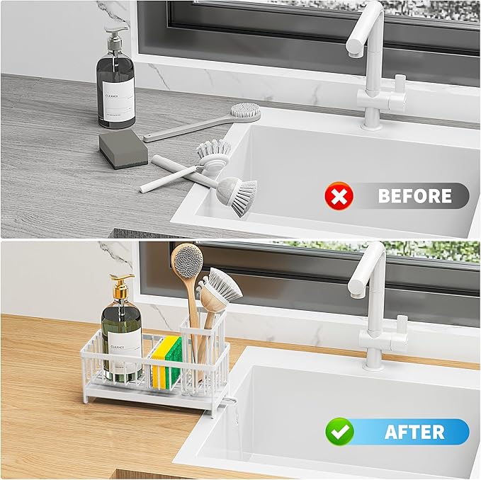 Cisily White Sponge Holder for Kitchen Sink, Sink Caddy Organizer with High Brush Holder, Kitchen Countertop Organizers and Storage Essentials, Rustproof 304 Stainless Steel, Soap Dispenser Organize