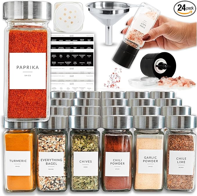 SAVVY & SORTED Glass Jars with 24PK 4oz Containers for Herbs and Seasonings – Includes Pepper Grinder, 374 Labels, Funnel, Shaker Lids & Empty Bottles