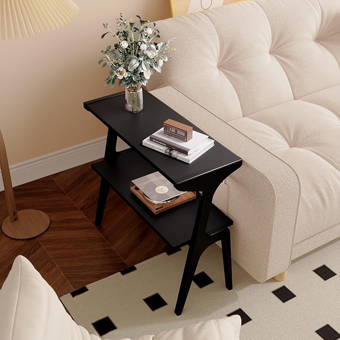 Solid Wood End Table, 2-Tier Side Table with Storage Shelf, Wooden Modern Accent Slim Bedside Table for Sofa, Living Room, Bedroom, Small Space, Easy Assembly, Black