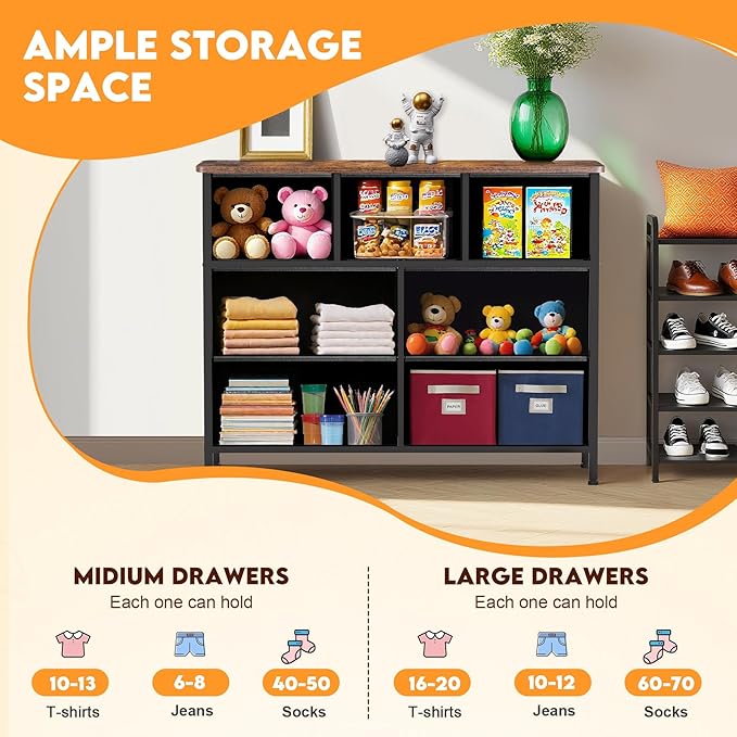 Curved Profile Dresser for Bedroom, Chest of Drawers, 7 Storage Drawers Organizer Unit, Brown Dresser with Fabric Bins for Closet, Living Room, Kid Room (Black and Rustic Brown)