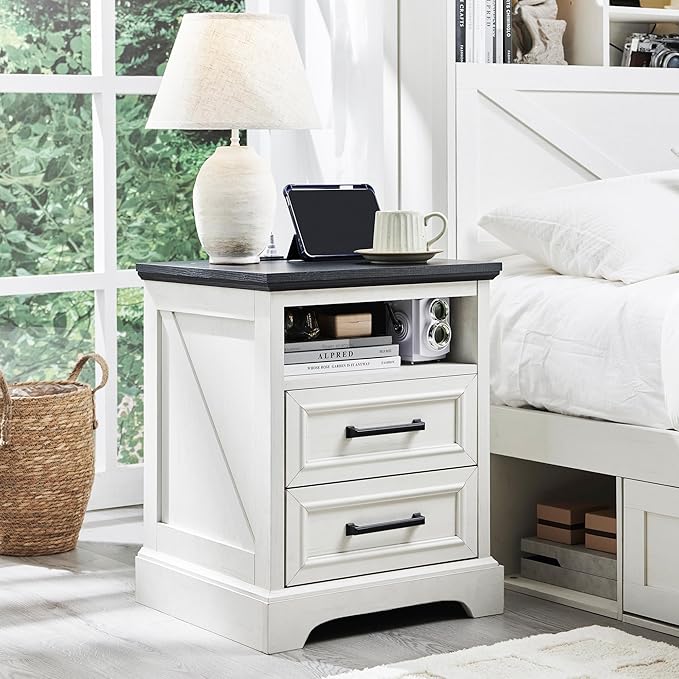 ACCOHOHO 18" Farmhouse Nightstand with Charging Station,End Table with 2 Drawers Storage,Side Table,Bedside Cabinet for Bedroom,Living Room,White