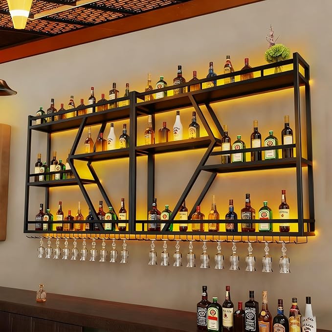 94.4in Wine Rack Wall Mounted, Modern Wine Storage Rack Wall Mounted with Wine Glass Holder, Liquor Shelf, Bar Shelves for Liquor Bottles (3TIERS Black, 94.48 * 7.87 * 33.85INCH)