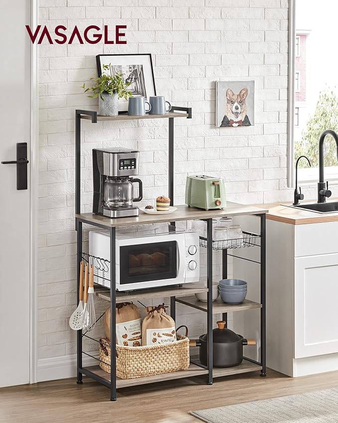 VASAGLE Baker's Rack, Microwave Stand, Kitchen Storage Rack with Wire Basket, 6 Hooks, and Shelves, for Spices, Pots, and Pans, Heather Greige and Ink Black UKKS035B02