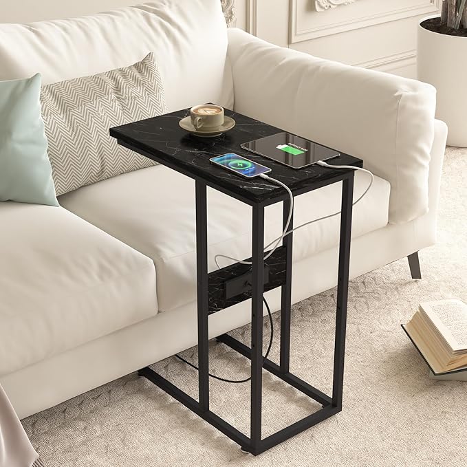 VECELO C Shaped End Side Table with Charging Station & Power Outlets for Couch Sofa/Bed, Snack TV Tray with Metal Frame for Living Room Bedroom 2 PCS Black Marble