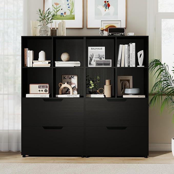 Giantex Bookcase with 2 Drawers, 51” Tall Floor Bookshelf w/4 Cubes, Anti-tip Kits, Freestanding Display Rack, Cubby Storage Organizer for Study, Living Room, Home Office, Black