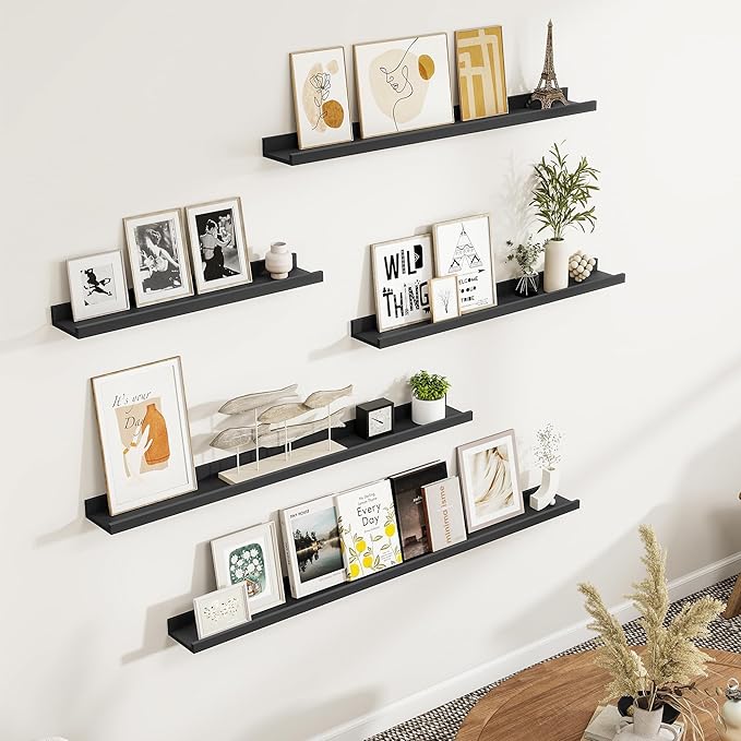 Fun Memories Picture Ledge Shelf, Black Floating Shelves Set of 4, 24 Inch Picture Shelves for Wall with Ledge, Large Nursery Book Shelf for Toys Storage, Living Room, Bedroom Decor Frames