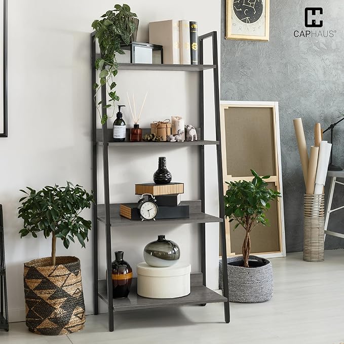 CAPHAUS 4 Tier Ladder Bookshelf, 24 Inch Width Free Standing Shelf, Bookcase Shelf Storage Rack Organizer, Industrial Book Shelves for Home Office, Living Room, Kitchen, Dark Grey Wooden Shelves