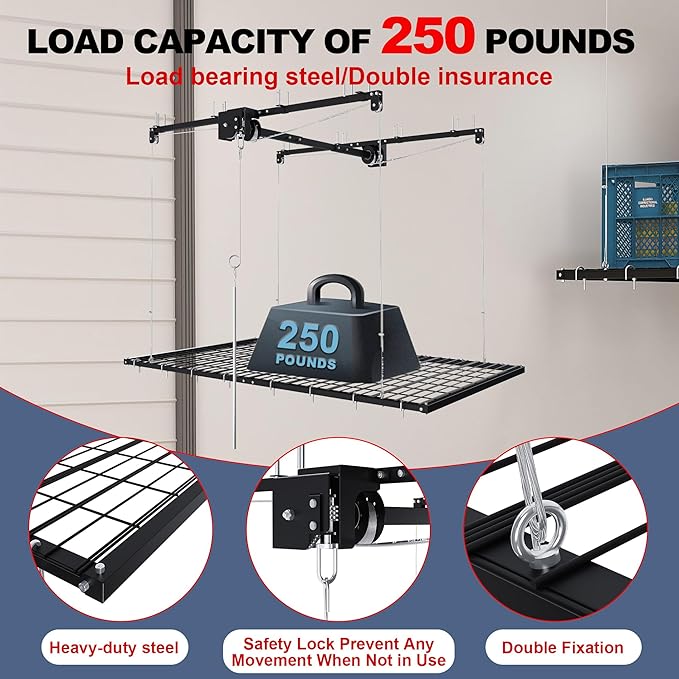 4x8 FT Overhead Garage Storage Rack - 325LBS Heavy-Duty All-Steel Construction | Crank-Down System for High Ceilings 10-12 FT | Manual Safety Lock & Secure Ceiling Installation