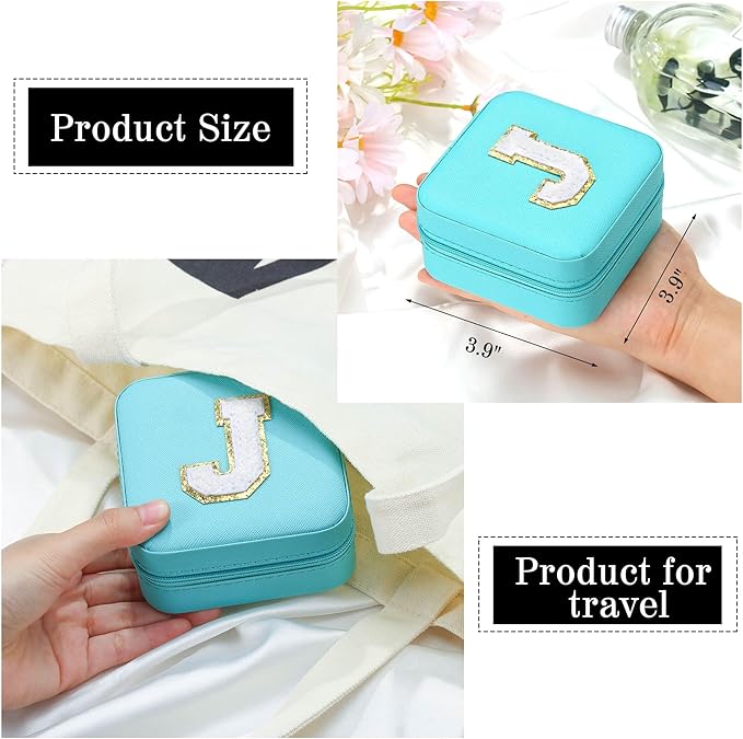 Parima Gifts for Mom - Small Travel Jewelry Box, Travel Jewelry Case with Mirror for Necklace Earrings Rings Organizer | Birthday Gifts Christmas Travel Gifts for Mom - Letter F, Aqua Blue