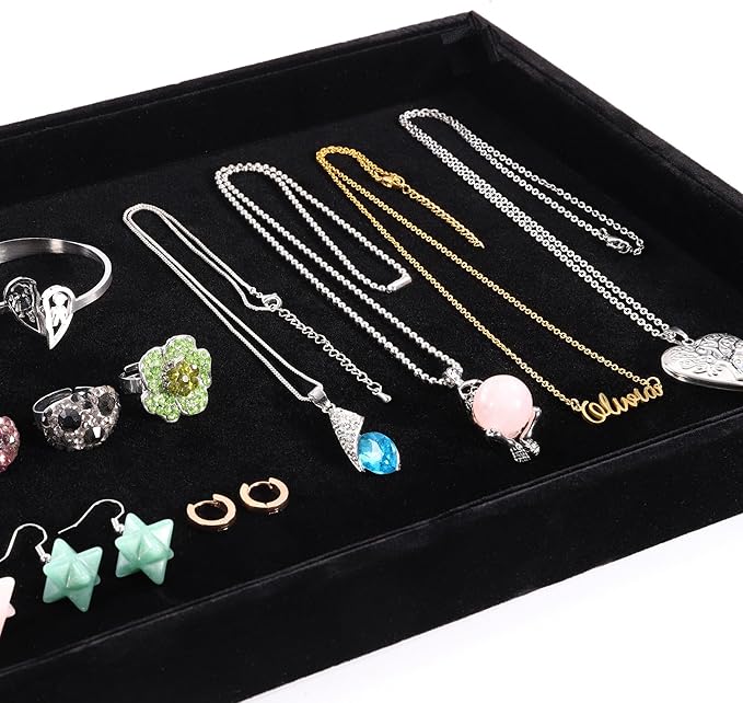 Mornajina 9" x 5.7" Velvet Jewelry Tray Jewelry Display Tray, Stackable Empty Plate Trays for Earrings Necklaces Bracelet Rings Display Showcase - Black