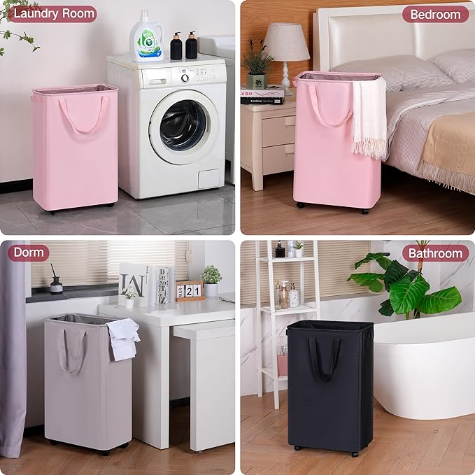 efluky Slim Laundry Hamper with Wheels, Rolling Laundry Basket for Clothes, Small Laundry Basket for Bedroom, Dorm and Laundry Room, 75L (19.8 Gallons) Grey