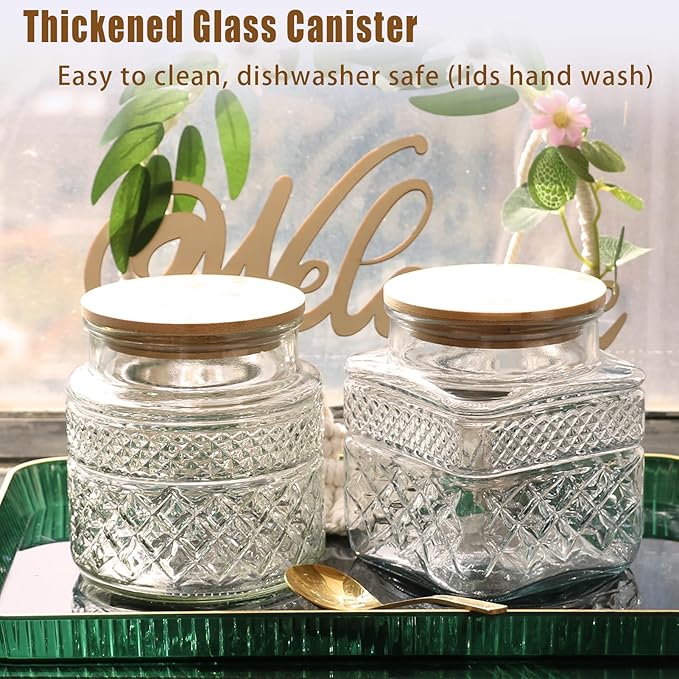 Viovian Decorative Glass Jar with Lid and Spoon 38 OZ Square Thick Glass Storage Jars Airtight Lids Clear Vintage Canister Container for Food Candy Cookie Sugar Coffee Tea Nuts Snack Dog Treat