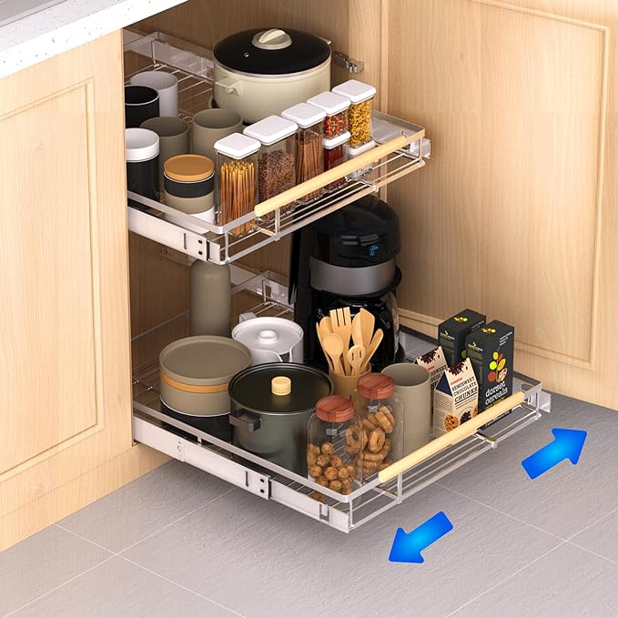 Pull Out Drawer Cabinet Organizer, Expandable Slide Out Storage Shelves - Heavy Duty, Durable and Smooth Slide-Out, 23" x 40" Wide x 22.5" Deep, 2 Pack