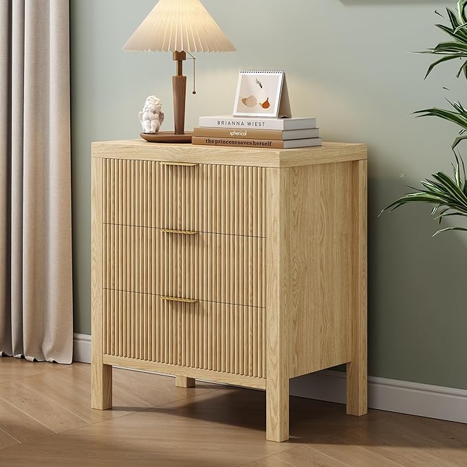 3 Drawer Dresser, Mid Century Modern Chest of Drawers with Waveform Panel, Large Fluted Dresser with Wide Drawers Wood Storage for Bedroom, Hallway, Entryway, Nature