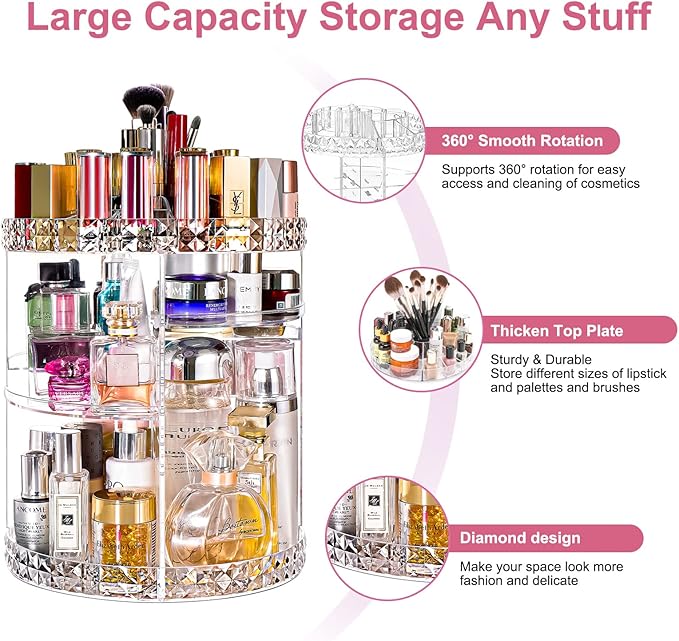 V-HANVER Makeup Organizer Combo - 360° Rotating Makeup Organizer with 7 Adjustable Layers Acrylic Skincare Organizer Large Cosmetic Display Case Clear Perfume Organizer with Makeup Lipstick Holder