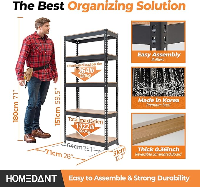 HOMEDANT 5 Tier Storage Shelves Adjustable Laminated Boltless Garage Metal Shelving Unit Heavy Duty Utility Rack Shelf Warehouse Pantry Closet Kitchen (1, (S) 28" W, Black)