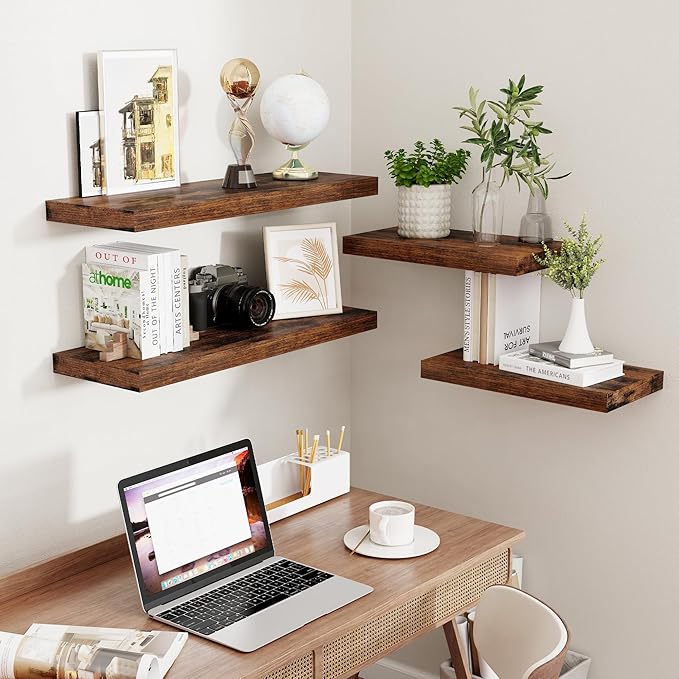 32 Inch Floating Shelves for Wall Set of 2, Rustic Wood Wall Mounted Floating Shelf for Bathroom, Bedroom, Kitchen, 9.3 Inch Deep Shelves Invisible Brackets for Books|Storage|Decor, Rustic Brown