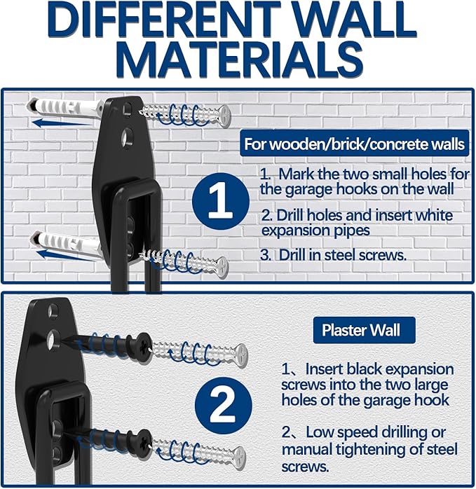 3-H Garage Wall Hooks 14 Pack, Garage Hooks Heavy Duty with Extra Welding Spots, Wall Mount Storage Organizer for Hanging Garden Lawn Tools, Ladder, WeedEater, Chair, Shovel, Blower (Black)