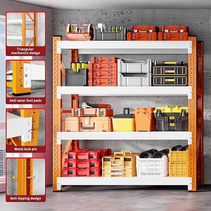 5000LBS Garage Shelving 59" W Garage Shelving Heavy Duty 4-Tier Metal Storage Shelves Adjustable Shelf Unit Storage Rack for Basement Supermarket Warehouse 59" W x 20" D x 78" H Orange-White