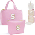 YOOLIFE Hanging Toiletry Bag - Large Capacity Personalized Travel Toiletry Bag for Women, Cruise Ship Essentials - Letter S, Pink