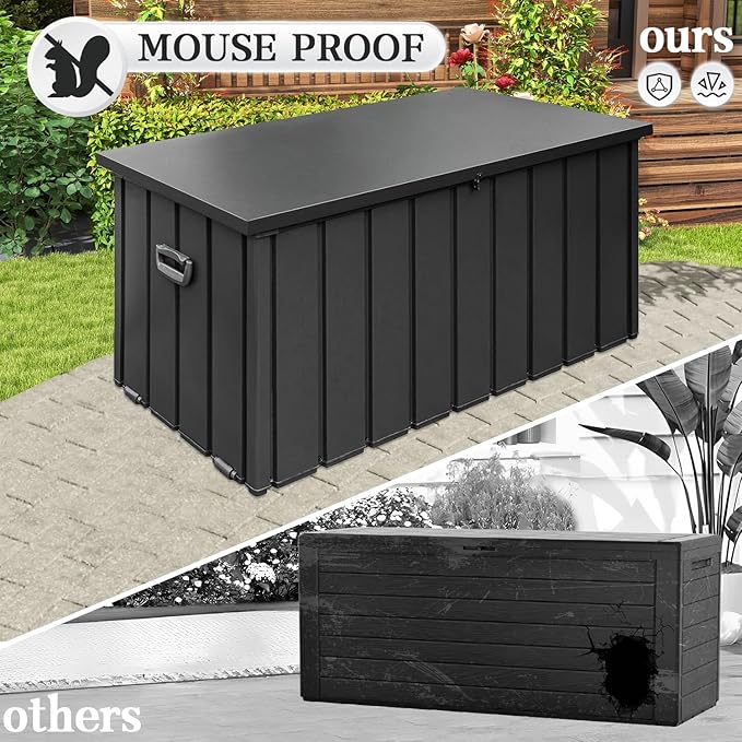 Domi 150 Gallon Deck Box, Metal Outdoor Storage Box with Lock Wheels Side Handles, Waterproof Outside Storage Box for Patio Cushions, Shoes & Pool Tools