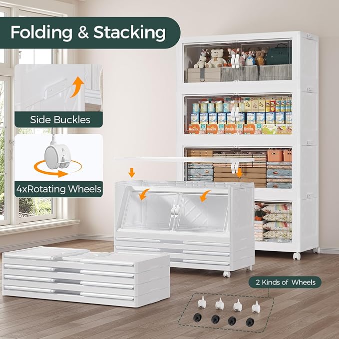 720QT Extra Large Stackable Storage Bins with Lid, 180Gal Collapsible Closet Organizer Box with Wheels, Folding Plastic Storage Cabinet with Doors for Home Kitchen Office Dorm, 4Pack White