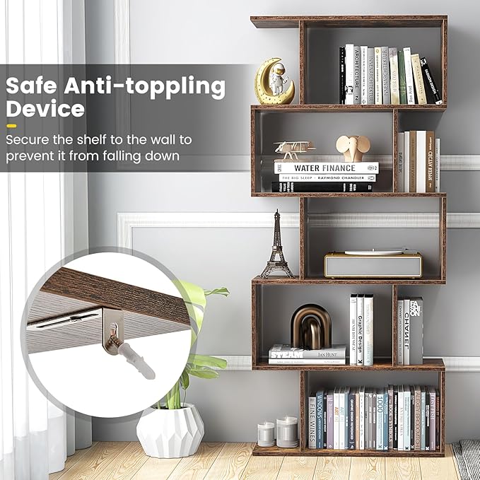 5-Tier Geometric Bookcase, 62.5” Freestanding Room Divider Bookshelf with Open Display Shelves & Anti-tip Device, Wood S-Shaped Storage Organizer for Living Room, Bedroom, Study & Home Office