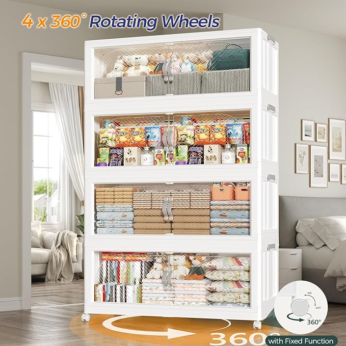 720QT Extra Large Stackable Storage Bins with Lid & Wheels & Doors, 180Gal Foldable Collapsible Closet Organizers, Plastic Cabinet Box Container Drawer for Home Kitchen Bedroom, 6Pack White