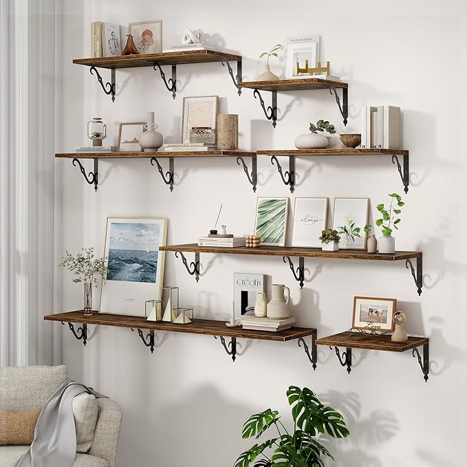 Floating Shelves for Wall, 24"W x 12"D Wall Shelves, 12 Inch Deep Floating Shelf with Bracket, 24 Inch Floating Shelves for Living Room and Bathroom, Display & Storage Shelves, Rustic Brown, Set of 2