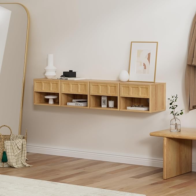Farmhouse Floating nightstands Set of 2, Small Wall Mounted Storage Cabinet with Open Shelf, Wood Bedside End Table for Bedroom, Living Room, Natural Oak